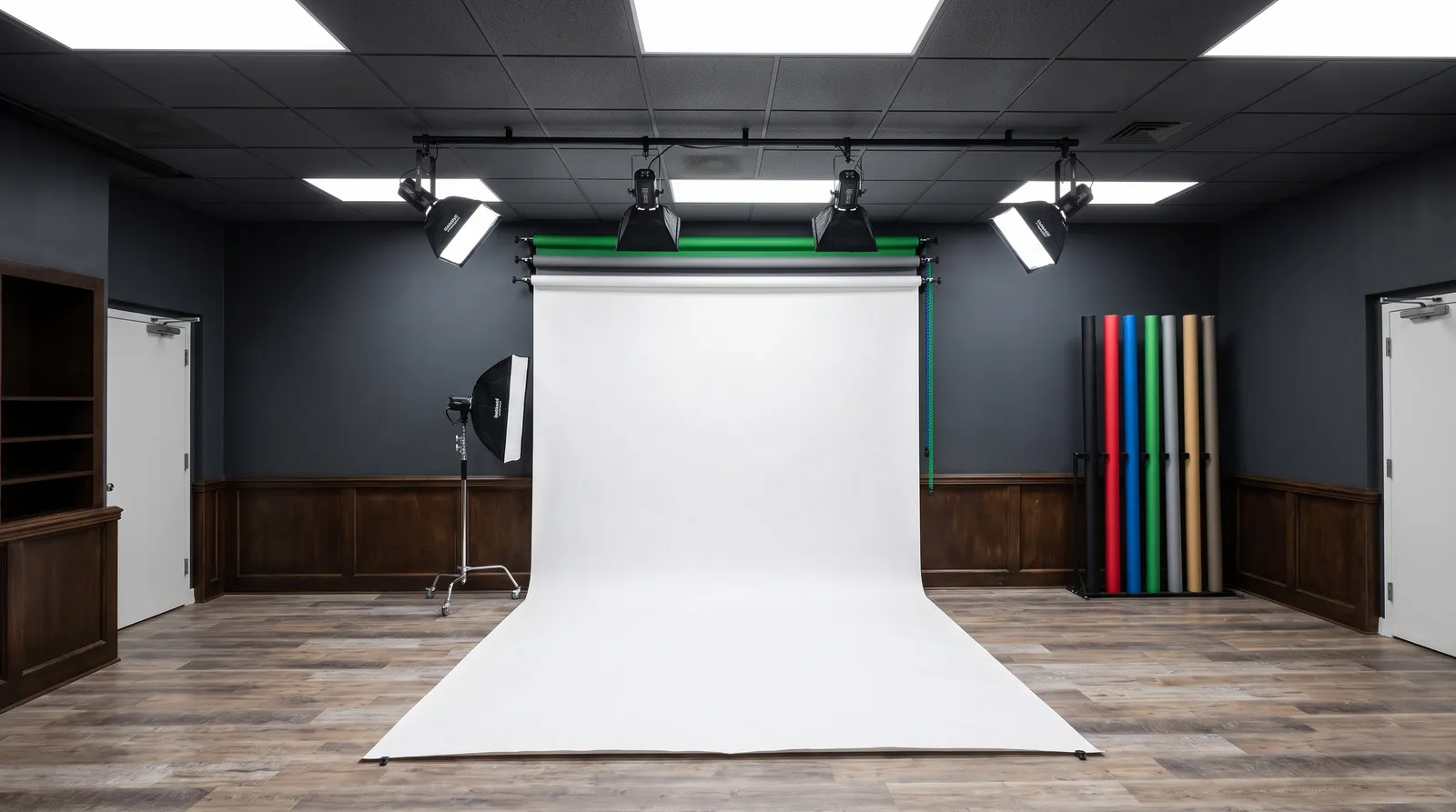 Concept visualization of a flexible photography and green screen set at Vicoris, with a paper backdrop sweep and rack of colored backdrops
