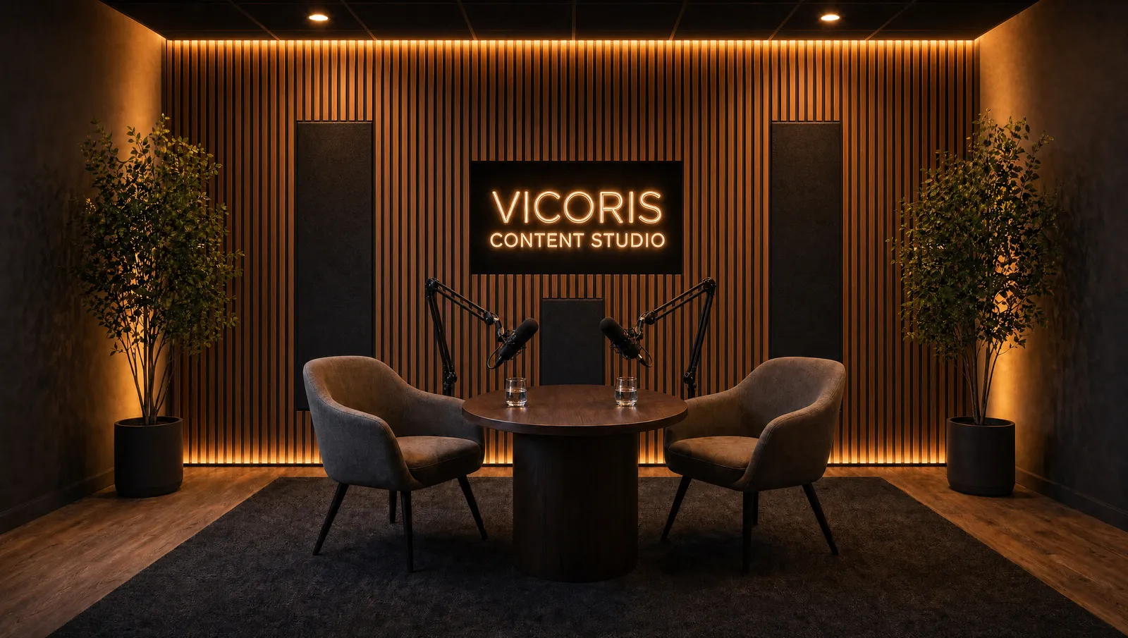 Concept visualization of the dedicated podcast studio at Vicoris, with a table, professional microphones, and studio lighting for multi camera recording