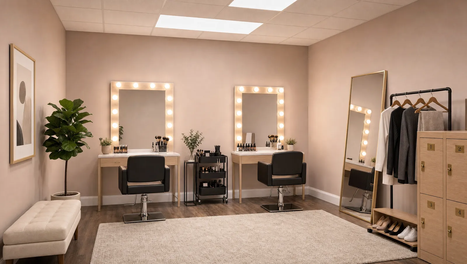 Concept visualization of a vanity and prep room at Vicoris, with lighted makeup mirrors, a wardrobe rack, and a full-length mirror